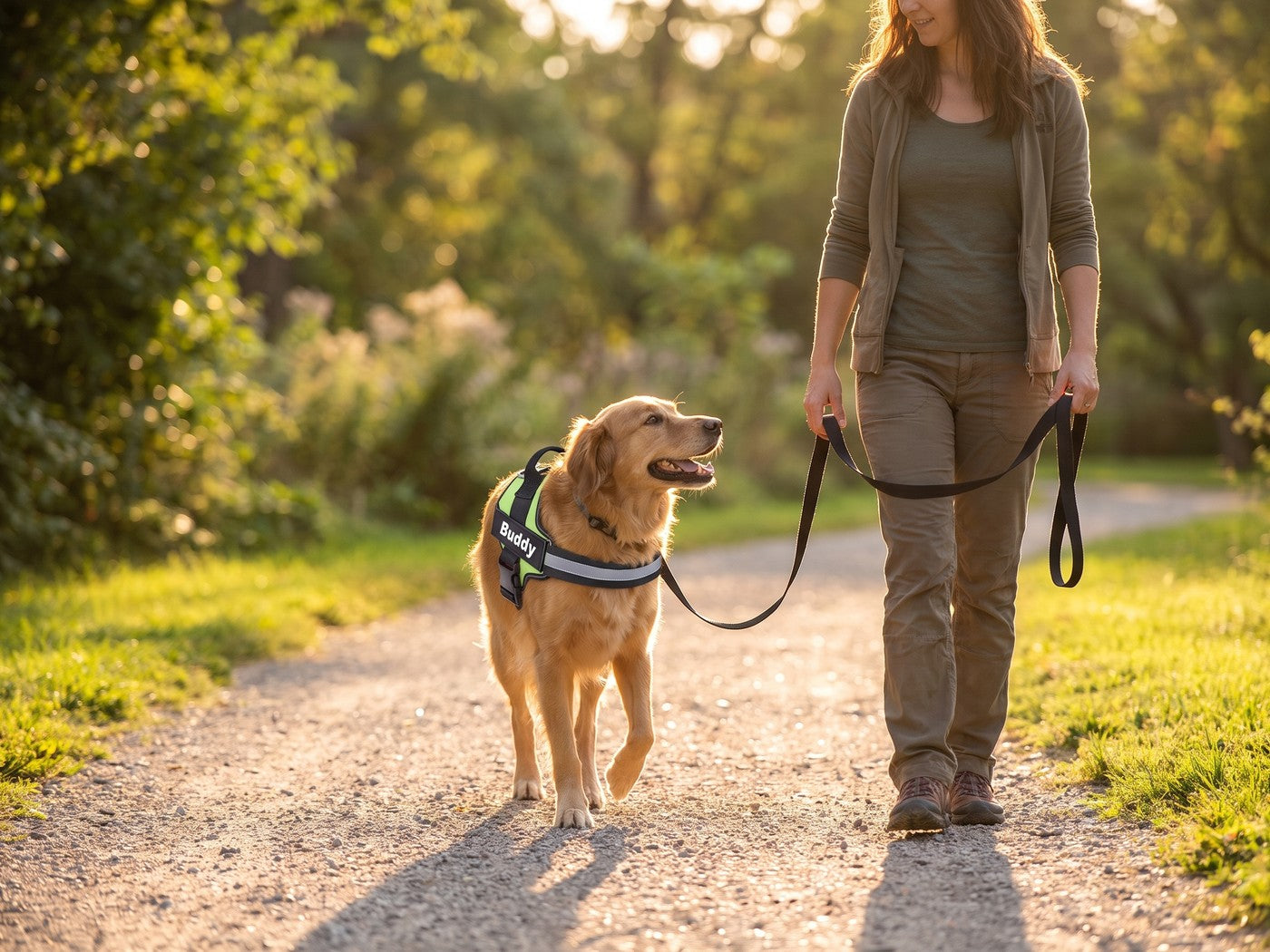 Maîtresse et chien portant le harnais Wooflex marchant côte à côte, laisse détendue, lumière dorée