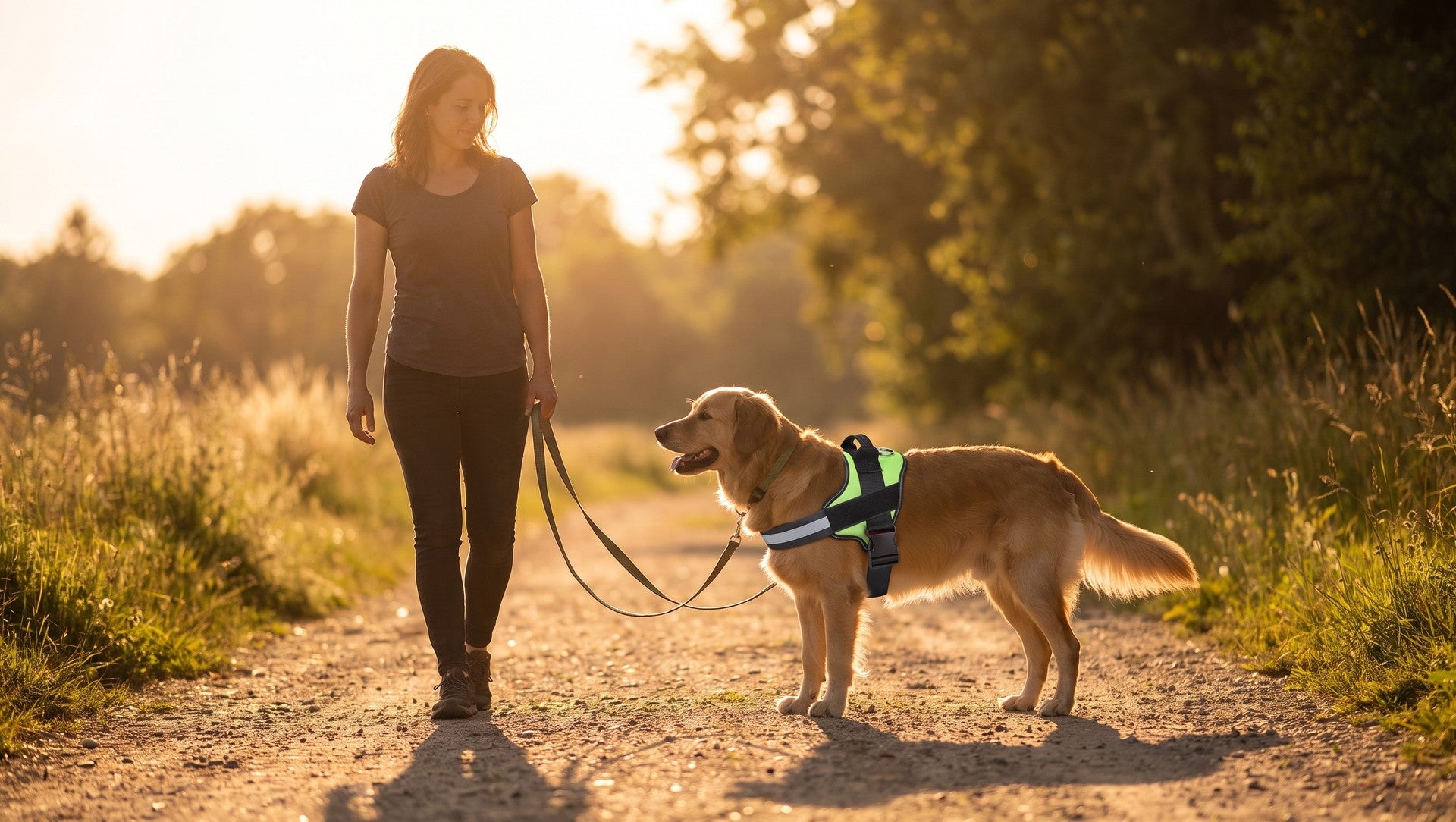 Chien portant le harnais Wooflex, laisse détendue, marchant aux côtés de sa maîtresse sur un chemin au soleil couchant