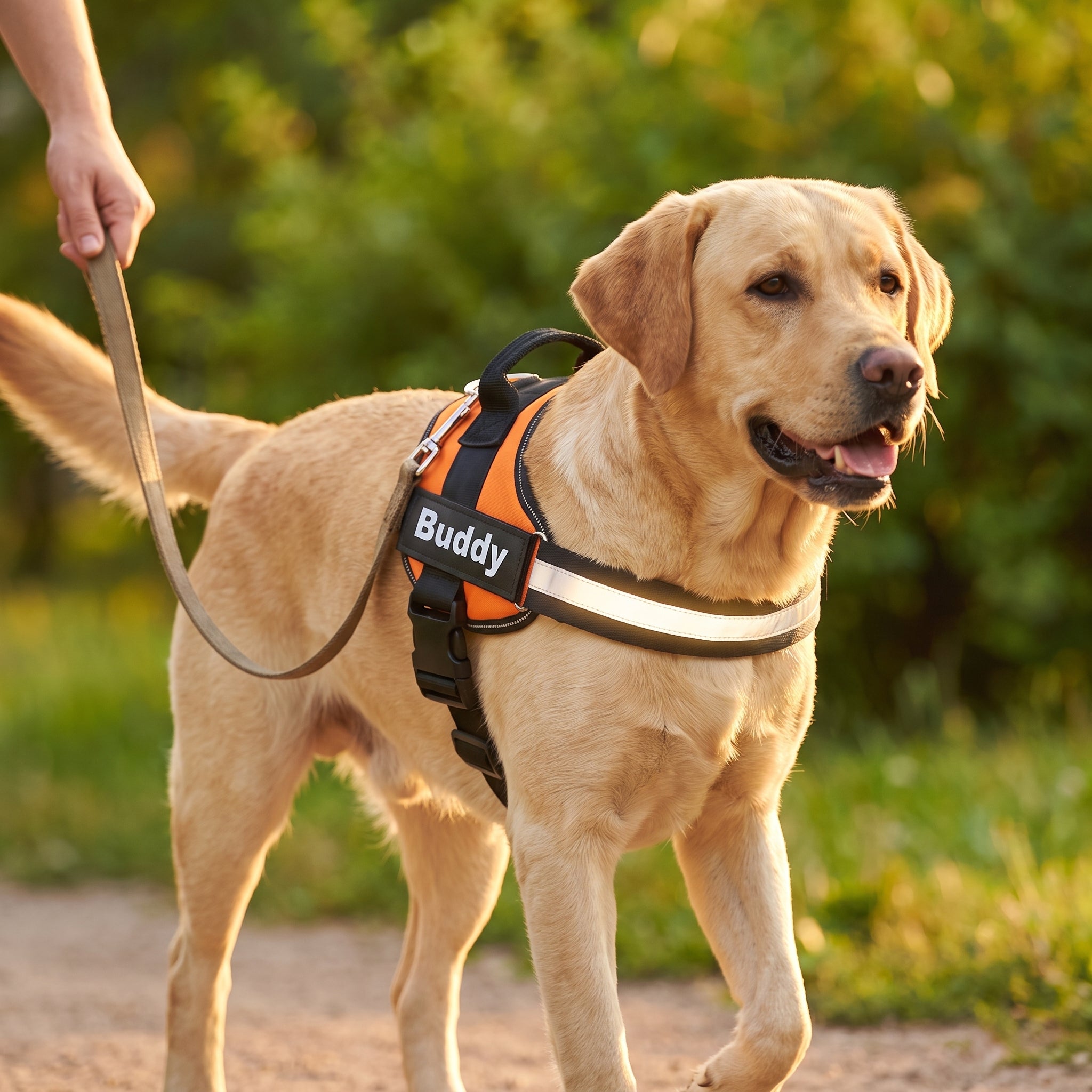 Labrador portant le harnais anti-traction Wooflex orange, en balade la laisse détendue