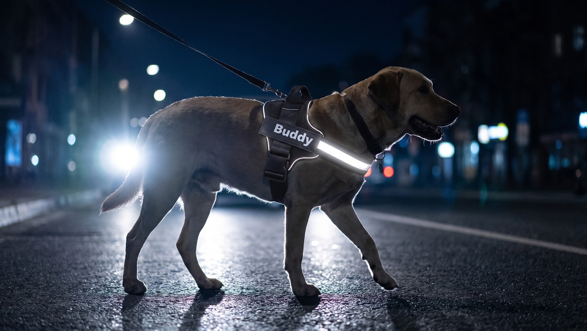Balade de nuit : les bandes réfléchissantes du harnais Wooflex s’illuminent sous les phares