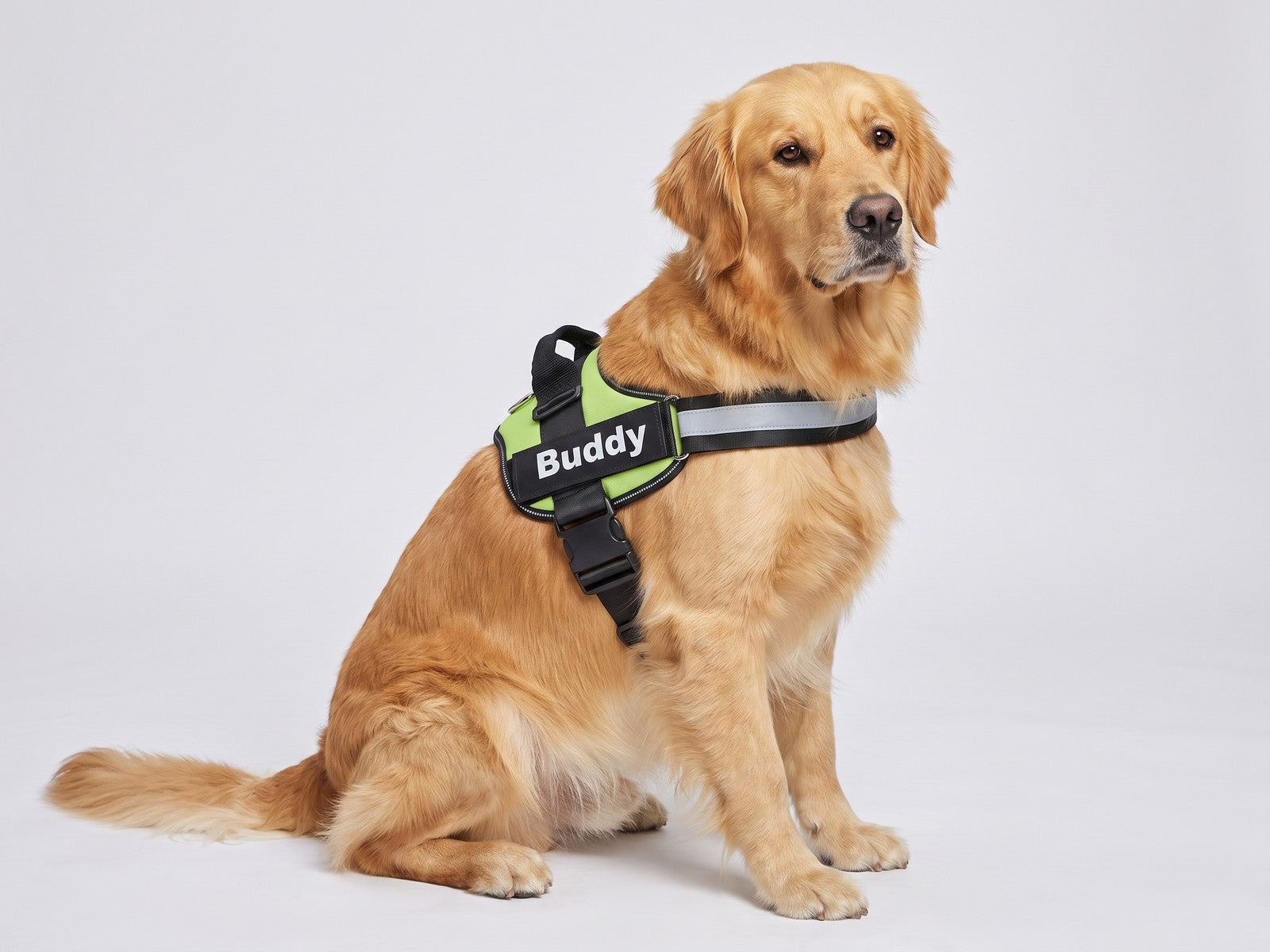 Harnais Wooflex porté par un chien, vue 3/4 studio — parties numérotées
