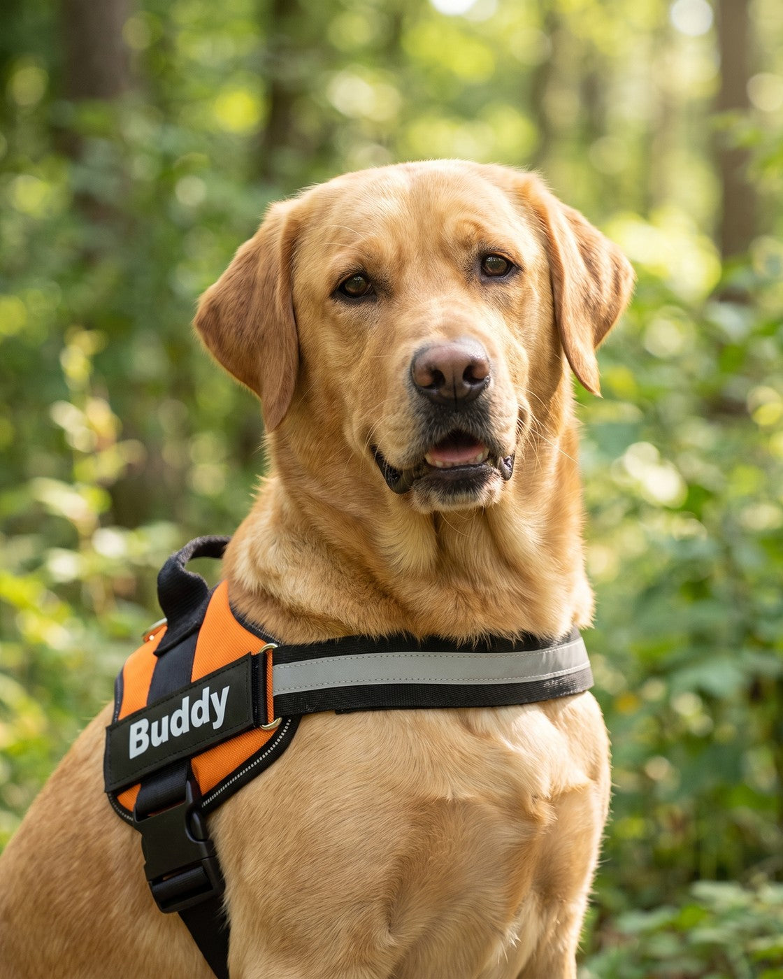 Labrador portant le harnais anti-traction Wooflex, portrait rapproché en nature