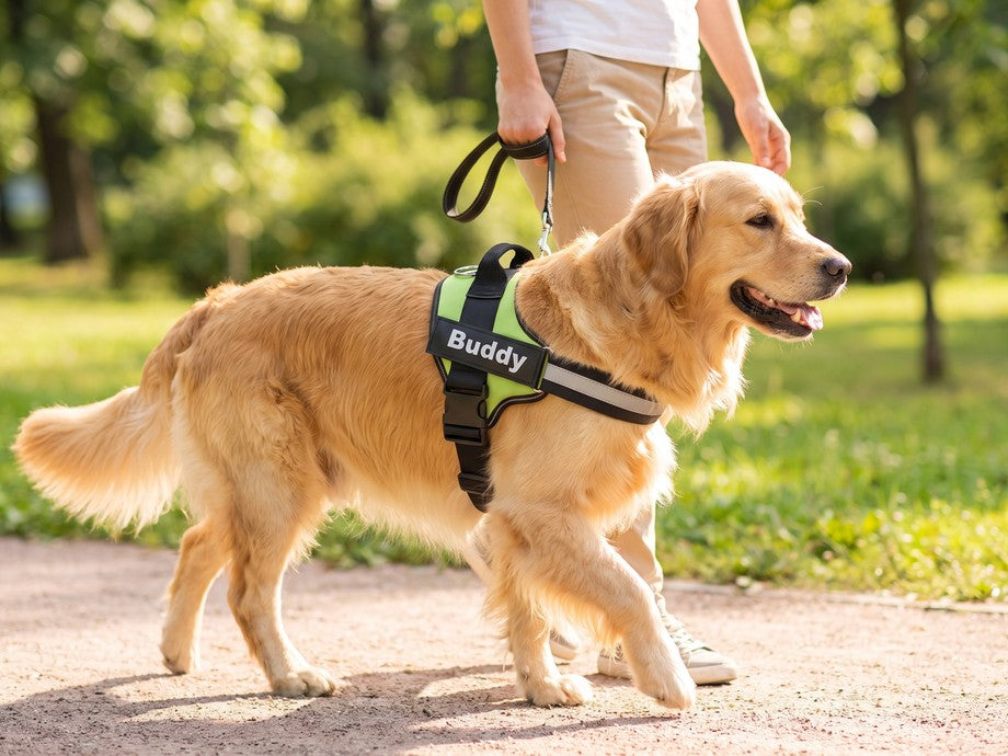 Après : chien apaisé portant le harnais anti-traction Wooflex vert