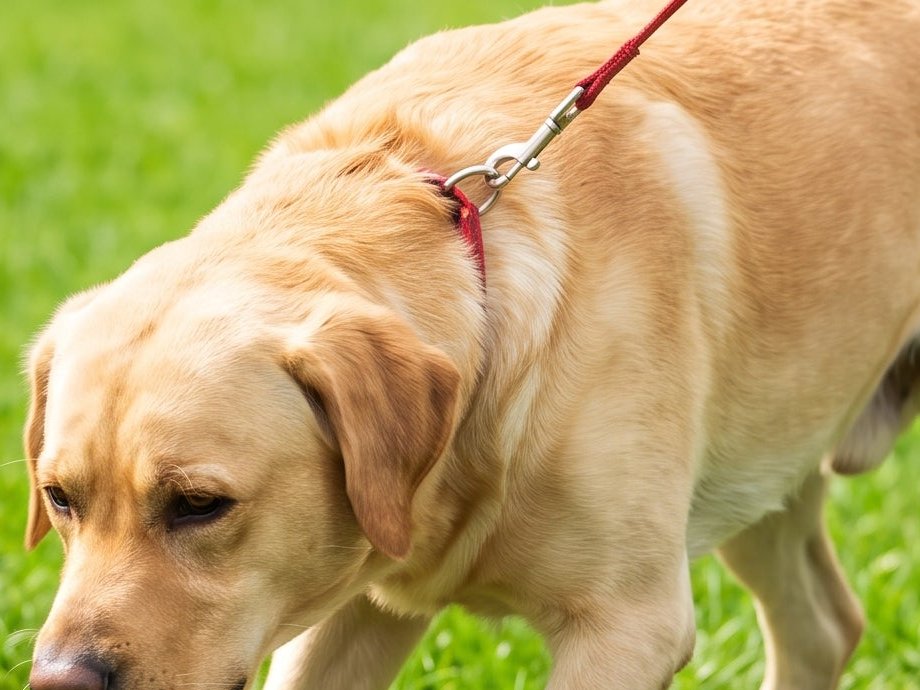 Avant : chien qui tire au collier, laisse tendue