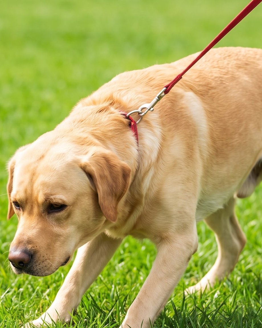 Chien qui tire fort en laisse au collier, laisse tendue